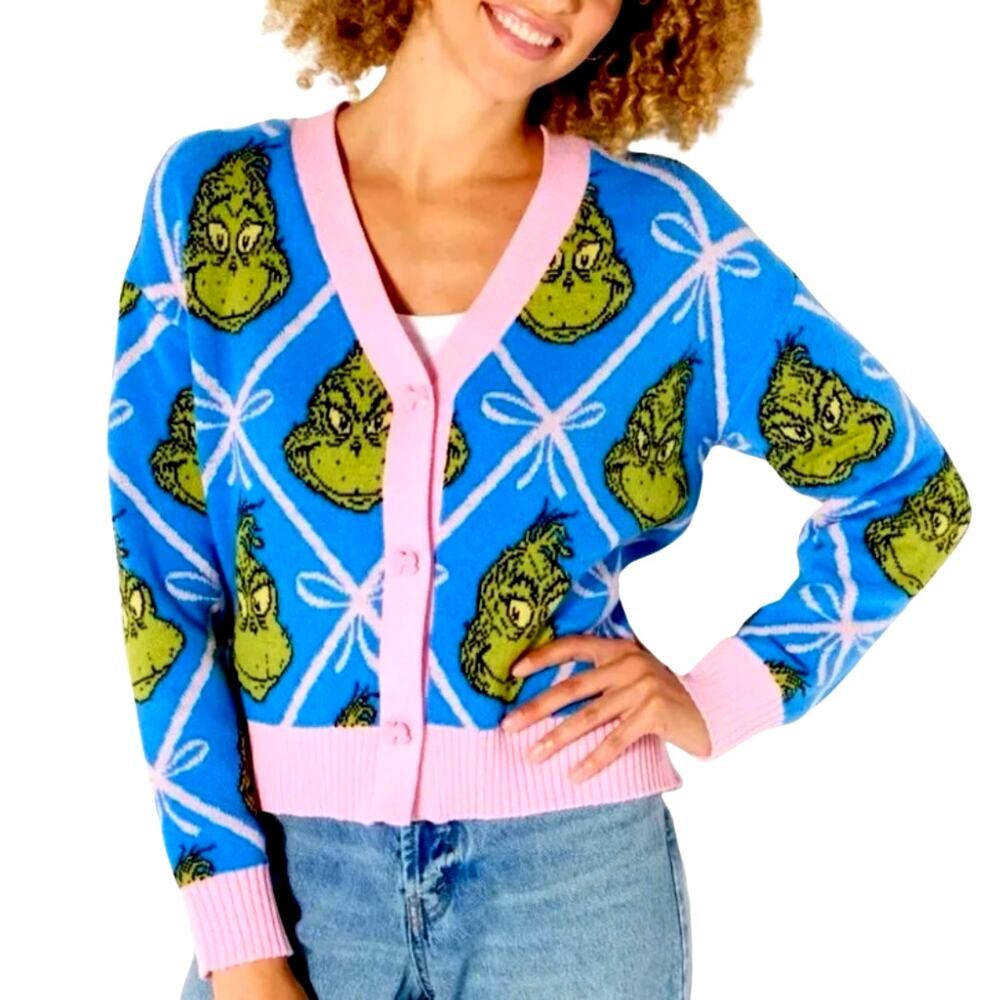 The Grinch Festive Whimsical Bow Cardigan Pink Blue Green Girly Bow Button Sz XL
